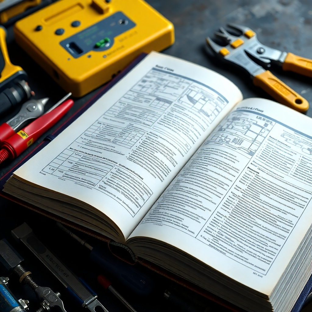 Create a photorealistic image depicting a detailed, open electrical code book. The book is resting on a workbench next to various electrical tools. The lighting should highlight the intricate diagrams and text within the book. The color palette should consist of blues, yellows and grays, with an emphasis on technical precision. Camera angle: close-up, slightly overhead to showcase the details of the book and the tools. Texture details: focus on the paper texture, the worn edges of the book, and the metallic sheen of the tools. Style reference: technical illustration combined with product photography.