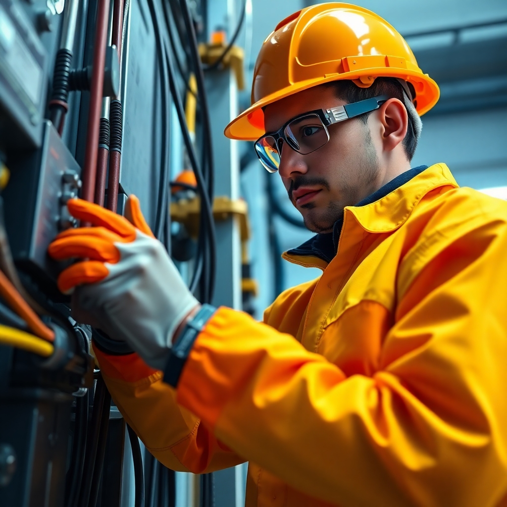 Create a photorealistic image of an electrician wearing full personal protective equipment (PPE) – safety glasses, gloves, and a hard hat – working on a high-voltage electrical system. The scene is well-lit, and the focus is on the electrician's careful and deliberate actions. The color palette is bright and vibrant, with an emphasis on safety yellow and orange. Camera angle: low angle, emphasizing the scale and complexity of the electrical system. Texture details: focus on the texture of the PPE, the metallic finish of the equipment, and the spark-resistant materials. Style reference: safety training photography.