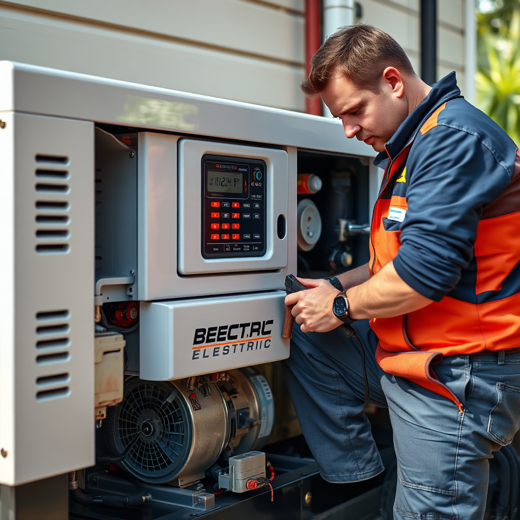 Create a photorealistic image of a BEC Electric technician performing routine maintenance on a whole-house generator. The generator is clean and well-maintained. The technician is using specialized tools and equipment. The scene conveys reliability and long-term support. Render in high resolution with a focus on the details of the generator and the technician's work.