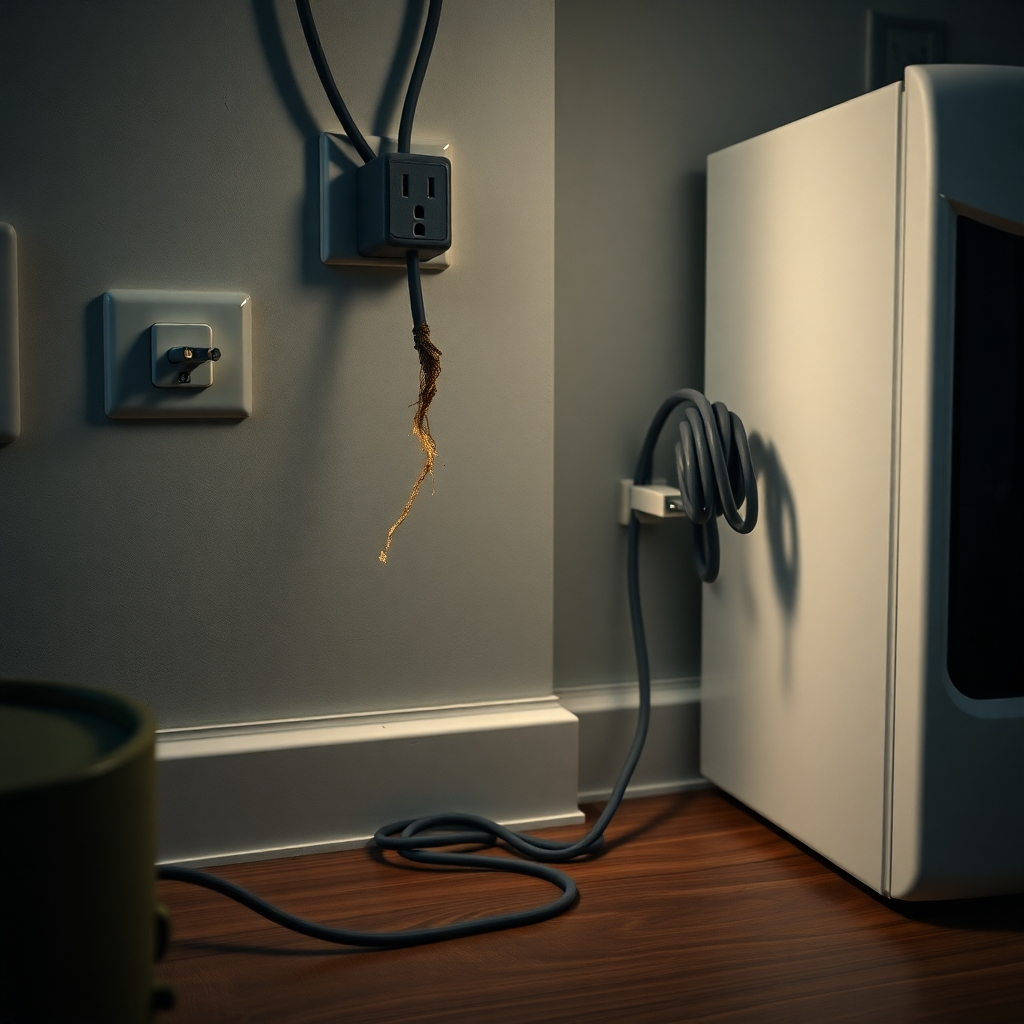 Create a photorealistic image depicting a home scene showcasing common electrical safety hazards. Include a frayed power cord, an overloaded outlet, and a water source near an electrical appliance. The scene is lit to emphasize the potential dangers. The color palette is muted and cautionary. Camera angle: wide shot, capturing the entire scene. Texture details: focus on the damaged materials and the potential for electrical shock. Style reference: safety awareness photography.