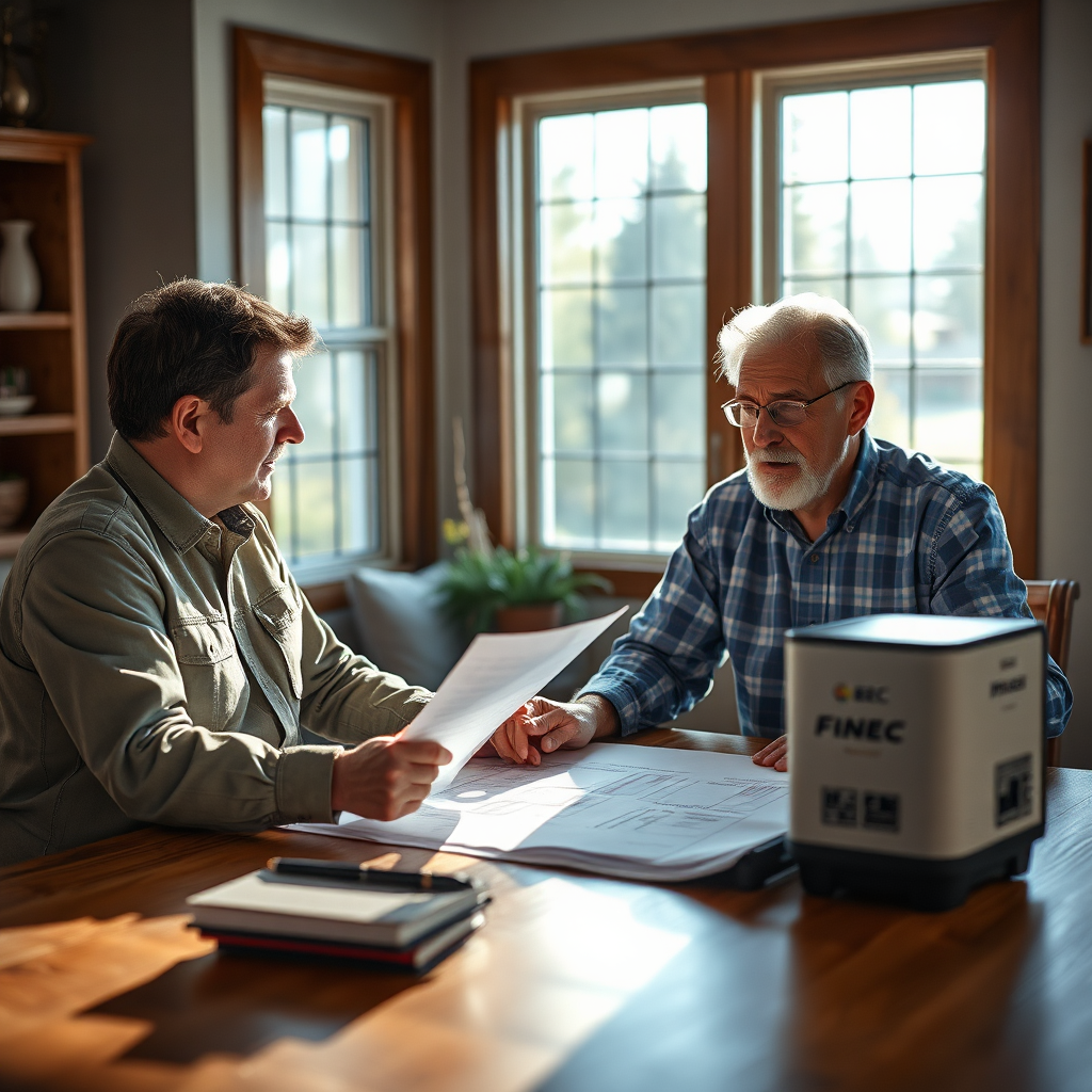 Create a photorealistic image of a BEC Electric consultant sitting at a table with a North Idaho homeowner. They are reviewing plans and discussing generator options. Natural light is streaming in through a window. The scene conveys trust and collaboration. Render in high resolution with sharp focus on the consultant and homeowner, creating a sense of personalized service.