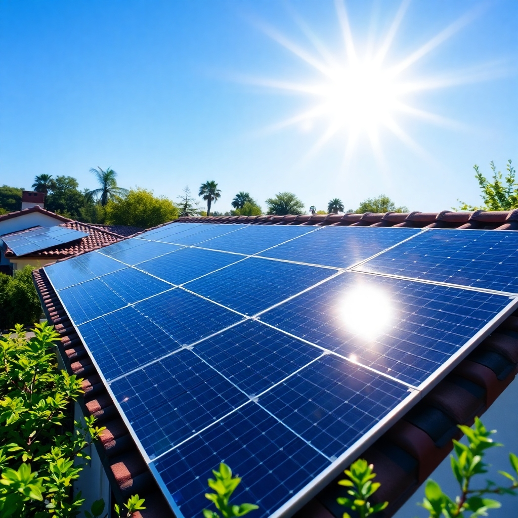 Create a photorealistic image showcasing solar panels on a residential rooftop. The sun is shining brightly, and the panels are seamlessly integrated into the roof design. The surrounding landscape is green and lush. The color palette is bright and optimistic, with blues and greens dominating. Camera angle: low angle, emphasizing the solar panels and the surrounding environment. Texture details: focus on the smooth surface of the panels, the texture of the roof tiles, and the overall sustainability of the scene. Style reference: environmental photography.