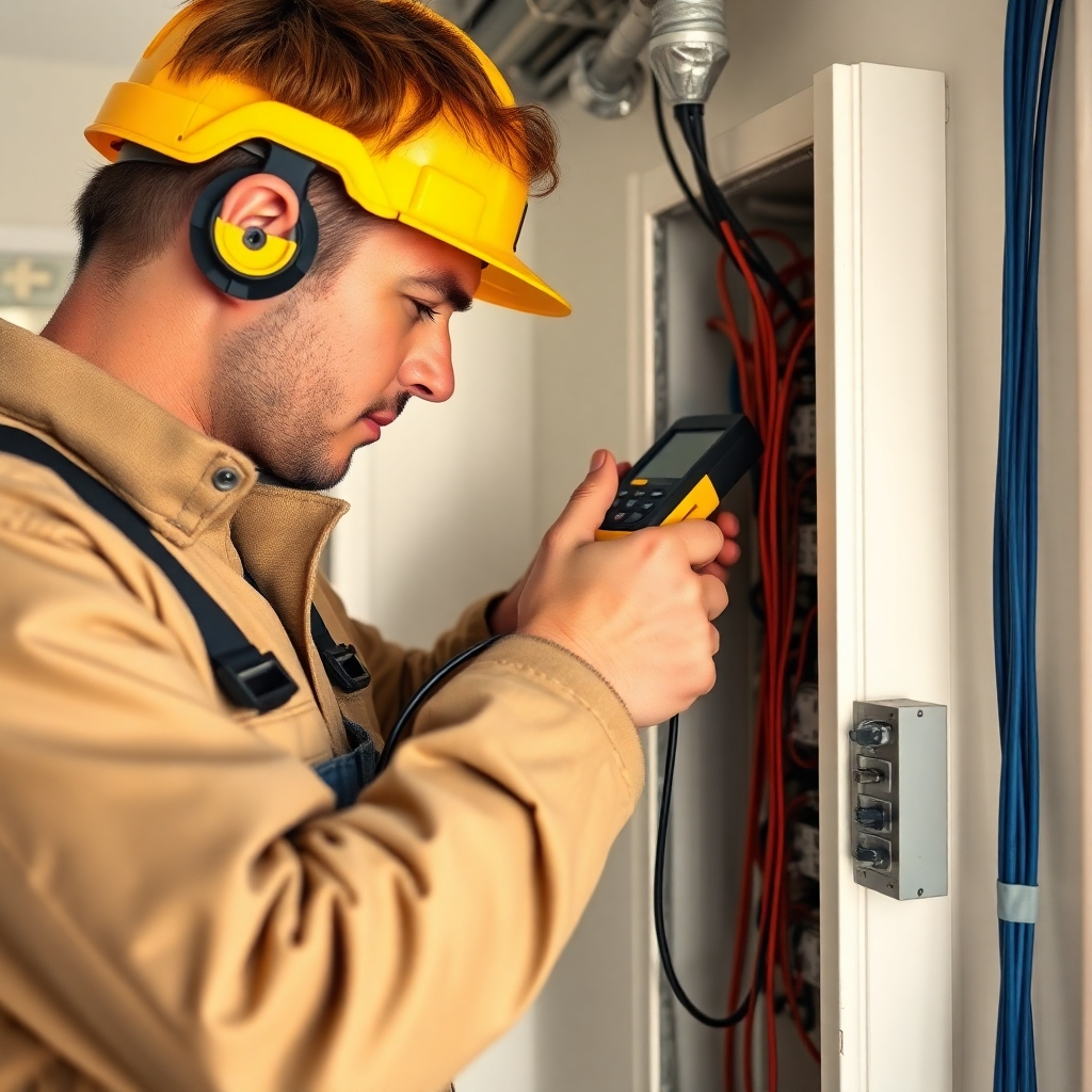 Create a photorealistic image of an electrician performing a detailed electrical inspection in a home. The electrician is using specialized equipment to check wiring and connections. The setting is a typical residential environment, with a focus on safety and precision. Lighting: bright and even, highlighting the details of the electrical system. Color palette: neutral tones with pops of yellow for safety equipment. Camera angle: medium shot, capturing the electrician's actions and the surrounding environment. Texture details: emphasize the texture of the wiring, the metallic finish of the equipment, and the electrician's work attire. Style reference: professional inspection photography.