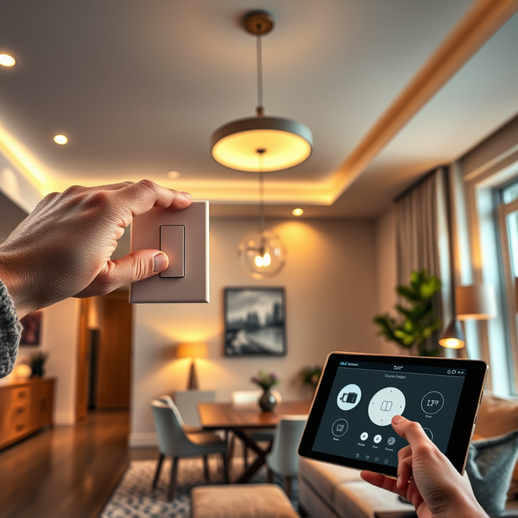 Create a photorealistic, ultra-high quality header image representing BEC Electric LLC. The image should showcase a modern living room setting with a variety of light fixtures – a sleek pendant light hanging above a dining table, recessed lighting in the ceiling, and a stylish floor lamp in the corner. A hand is gently flipping a smart light switch, subtly indicating control and technology. The lighting should be warm and inviting, highlighting the textures of the furniture and walls. The color palette should be neutral with pops of warm, inviting light. Capture the scene from a slightly low angle to emphasize the height of the room and the lighting fixtures. Textural details of the switch, light fixtures, and surrounding furniture should be sharp and defined. The environment should feel both modern and comfortable, suggesting a home or business that values both aesthetics and functionality. A tablet showing smart home controls should be subtly visible in the background. Inspired by architectural photography in magazines like Architectural Digest. Technical specs: 8K resolution, hyperrealistic rendering.