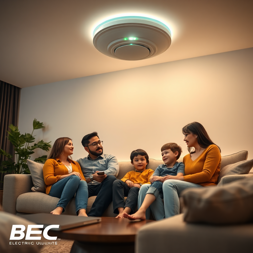 Create a photorealistic, ultra-high-quality 8K resolution image for BEC Electric LLC. The scene should depict a modern, well-lit living room with a diverse family (parents and two children) gathered comfortably. A state-of-the-art smoke and CO alarm is discreetly mounted on the ceiling, with a subtle, reassuring green LED light indicating proper function. The lighting should be warm and inviting, with soft shadows. The color palette should be predominantly neutral tones with pops of safety yellow and alarm red as accent colors. The camera angle is a slightly low perspective, emphasizing the ceiling-mounted alarm without being obtrusive. Textures should be hyperrealistic, showcasing the soft fabrics of the furniture, the smooth finish of the walls, and the sleek design of the alarm. The environment should convey a sense of safety, security, and modern comfort. The style should be clean and contemporary, reflecting a trustworthy and reliable brand. The image should evoke a feeling of peace of mind and family well-being, achieved through the diligent services of BEC Electric LLC.