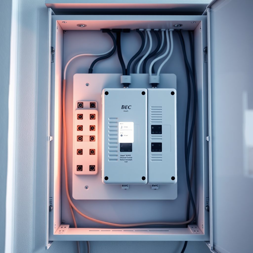 Create a photorealistic, ultra-high quality 8K image for BEC Electric LLC. The scene depicts a modern home's electrical panel, with a surge protector prominently installed. Bright, diffused light illuminates the panel, highlighting its clean and organized wiring. A subtle glow emanates from the surge protector, suggesting its active role in safeguarding the home. In the background, hint at modern appliances (TV, computer) to symbolize what's being protected. The color palette should be clean and professional, with blues and whites dominating. Use a slightly low camera angle to emphasize the importance and robust nature of the surge protection. The image should convey trust, reliability, and advanced technology. Add subtle textures to the metal and wiring for realism. Style references: Clean product photography combined with architectural visualization. Hyperrealistic details are crucial.