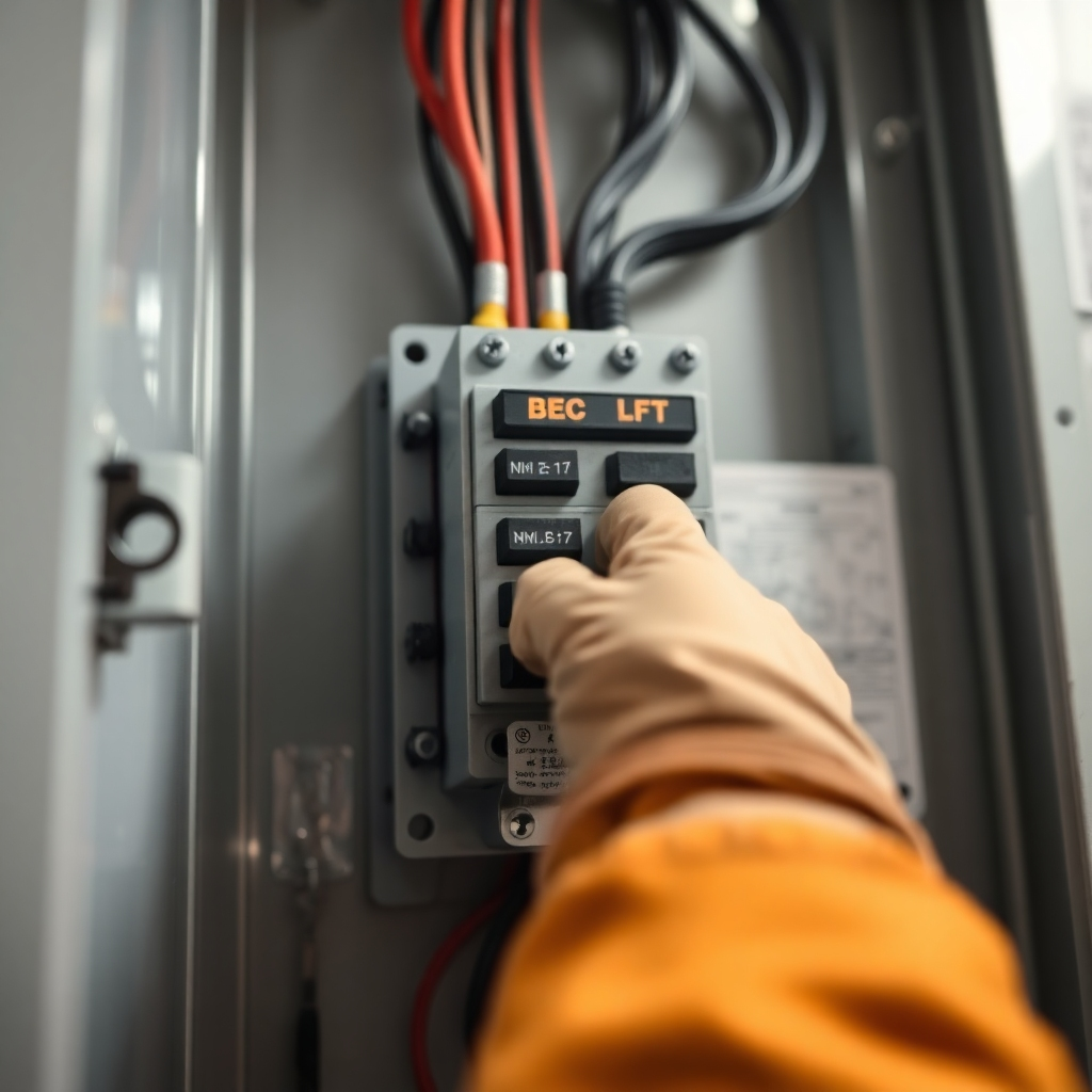 Create a photorealistic, ultra-high quality hero image for BEC Electric LLC, specializing in circuit breaker installation information. The image should feature a modern, well-organized electrical panel with a focus on a newly installed, top-of-the-line circuit breaker. A technician's hand (slightly blurred for depth of field) should be visible, carefully adjusting a setting. The lighting should be bright and even, showcasing the clean lines and intricate details of the breaker. Color palette should be primarily neutral (grays, whites) with pops of safety orange or blue on the breaker itself. Capture the scene from a slightly low angle to emphasize the importance and reliability of the electrical system. Texture details are important: show the smooth plastic of the panel, the metallic sheen of the breaker components, and the slight wear on the technician's gloves. The environment should suggest a clean, modern home. Props might include a multimeter or a schematic diagram in the background (slightly out of focus). The style should be realistic, avoiding any overly stylized or abstract elements. Technical specs: 8K resolution, hyperrealistic detail.