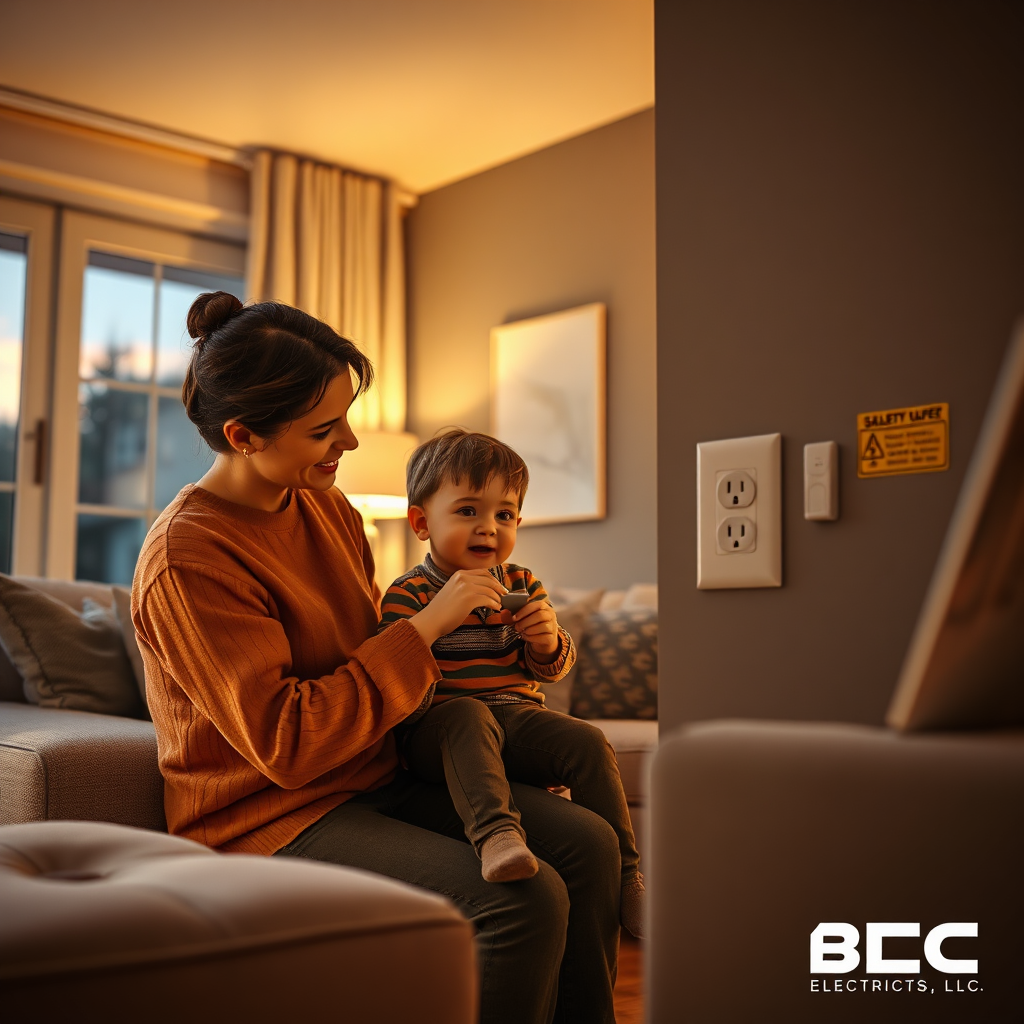 Create a photorealistic, ultra-high-quality image for BEC Electric LLC, symbolizing electrical safety. The scene depicts a warmly lit, modern living room at dusk. A parent is teaching a child about a safety outlet cover. Soft, diffused lighting emanates from a table lamp, casting gentle shadows. The color palette is warm and inviting, dominated by earth tones and accented by the bright yellow of a safety sticker on an electrical panel (background). The camera angle is a slightly low, medium shot, focusing on the interaction between parent and child. Textures are detailed, showcasing the fabric of the furniture, the wood grain of the floor, and the smooth plastic of the outlet cover. The environment should feel safe and comfortable, reinforcing the importance of electrical safety in the home. Style reference: Norman Rockwell meets modern safety awareness. Technical specs: 8K resolution, hyperrealistic, emphasizing detail and emotional connection.
