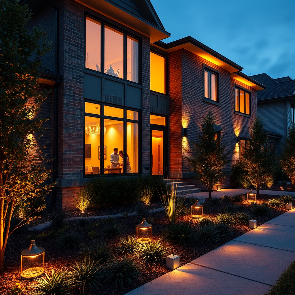 Create a photorealistic, ultra-high-resolution (8K) hero image for BEC Electric LLC. The scene depicts a modern home exterior at dusk, showcasing a blend of warm indoor lighting spilling through large windows and strategically placed outdoor landscape lighting illuminating the garden and pathways. Focus on a seamless transition between the interior and exterior environments, highlighting the aesthetic and security benefits of well-planned lighting. Include subtle LED strip lighting accents along architectural features. The color palette should be warm and inviting, with golds and ambers dominating the lighting. A family is faintly visible inside, suggesting comfort and safety. The camera angle is a slightly low, wide shot to emphasize the scale of the home and the extent of the lighting. Textures should be highly detailed, from the brickwork of the house to the lush greenery. Style: blend modern architectural photography with a touch of aspirational lifestyle imagery. Ensure hyperrealistic rendering.