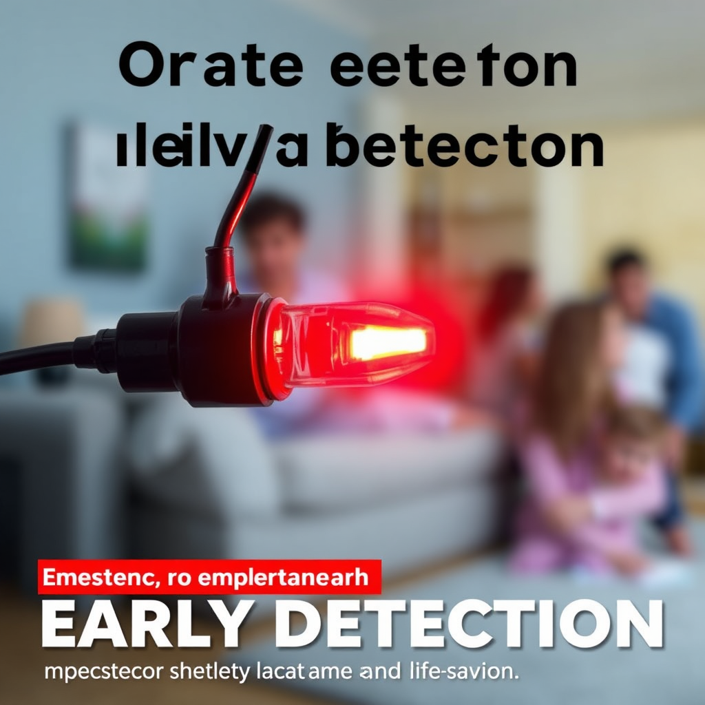 Create a powerful image highlighting the importance of early detection. Imagine an electrical circuit with an early warning indicator flashing red. The background is a blurred image of a family home. Style: Urgent, impactful, and life-saving, emphasizing the critical importance of early detection.