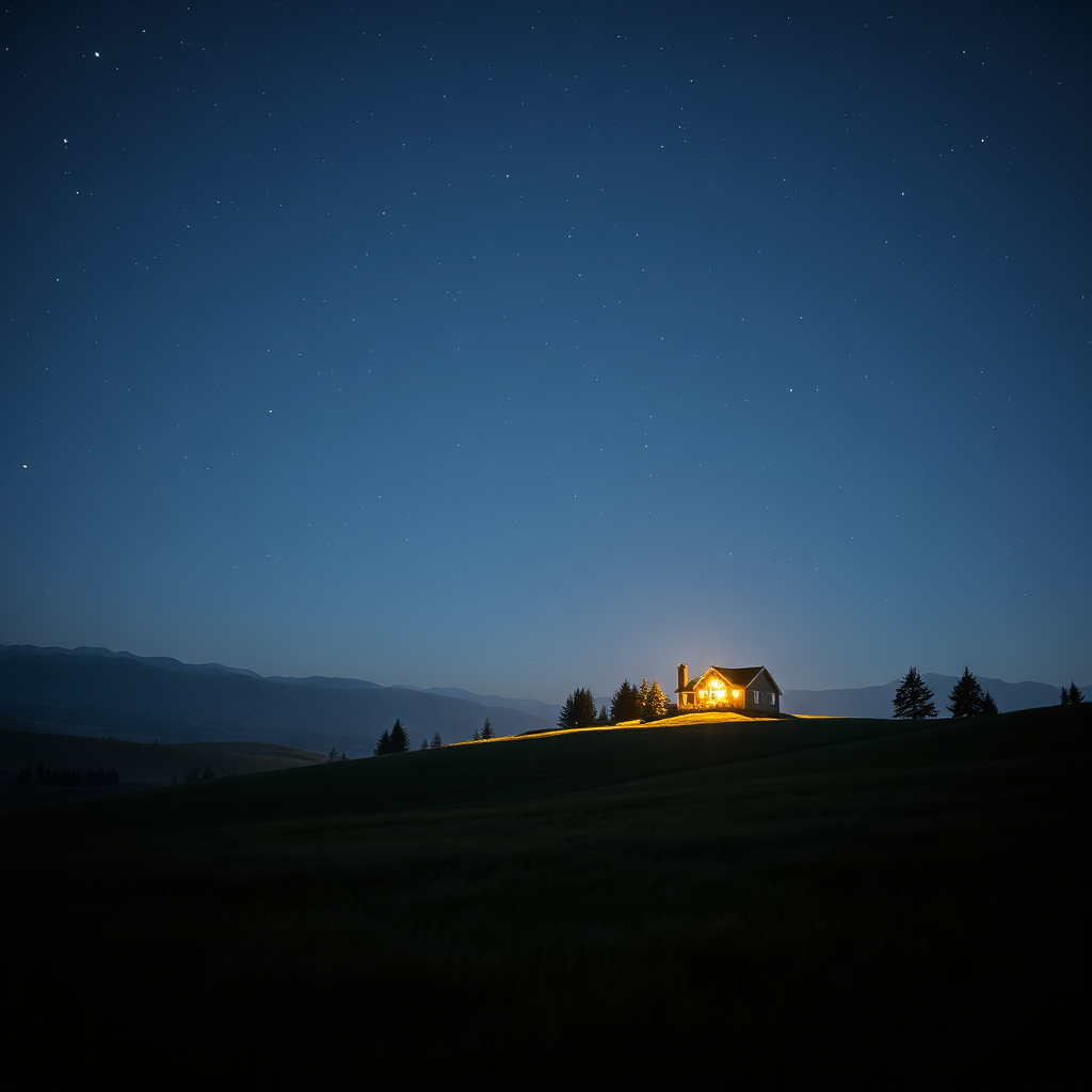 Create a serene, photorealistic image of a North Idaho landscape at night. A home is warmly lit in the distance. Stars twinkle brightly in the sky. The scene conveys tranquility and peace of mind, knowing that power is always available. Render in high resolution with soft, ambient lighting.