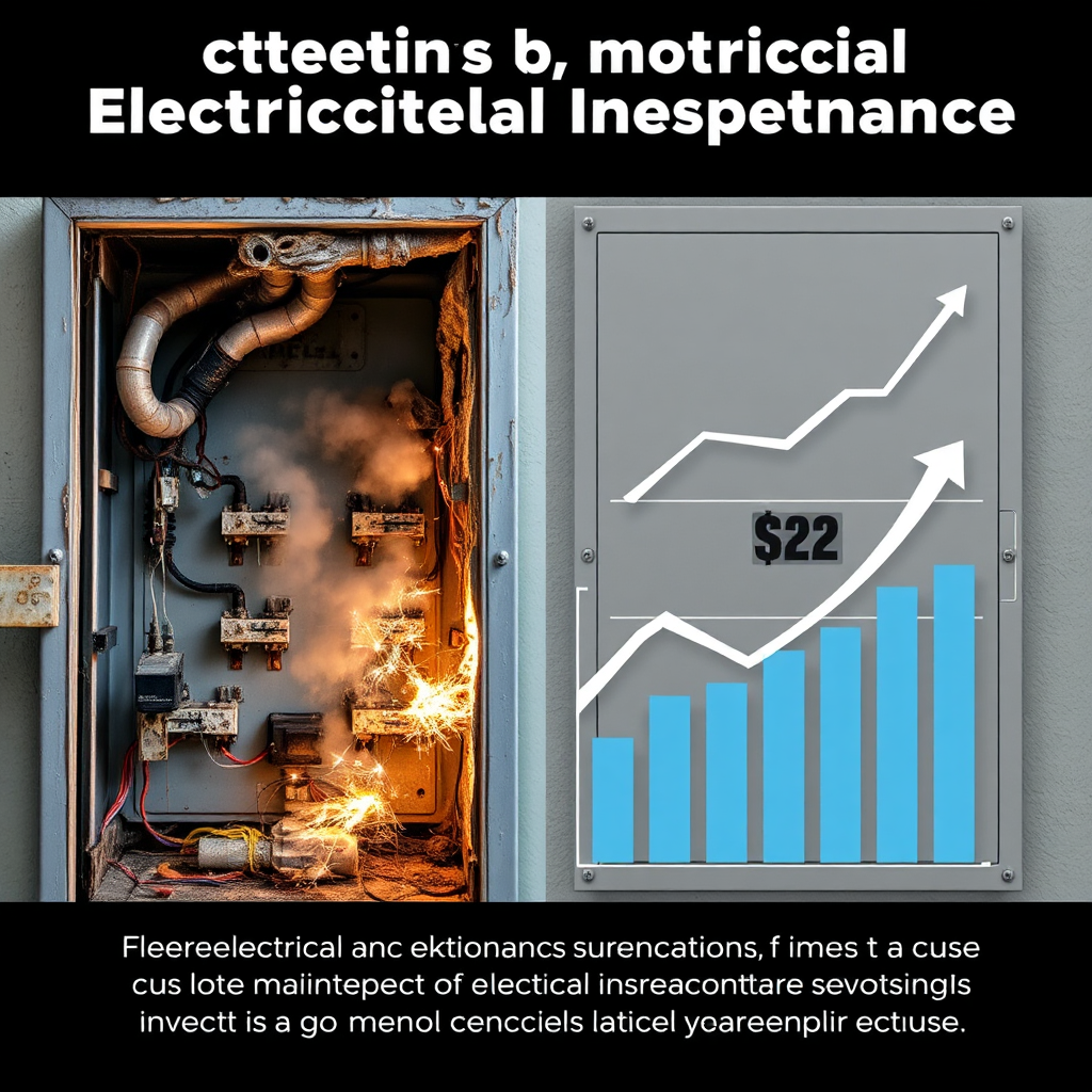 Create a split-screen image showing the contrast between neglecting electrical maintenance and investing in regular inspections. On one side, show a damaged electrical panel with smoke and sparks. On the other side, show a clean, well-maintained panel with a savings chart overlayed. Style: Comparative, informative, and financially focused, highlighting the long-term cost benefits of electrical inspections.