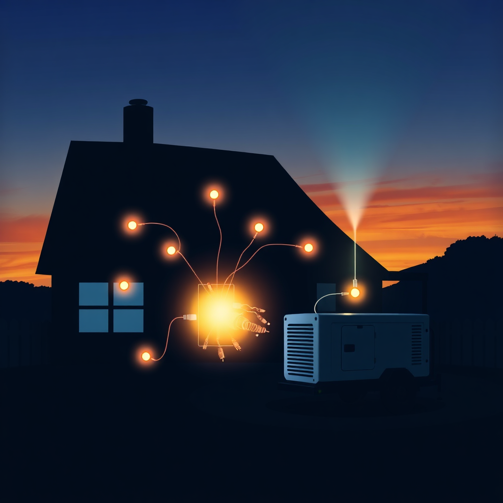Create a stylized image representing the safety and expertise of BEC Electric's installation services. Show a silhouette of a house powered by a vibrant, glowing generator. Emanating from the generator are interconnected nodes of energy reaching all parts of the house, showing its coverage. The backdrop is a gradient sky of dusk colors. Render in a high resolution with clear, crisp lines.