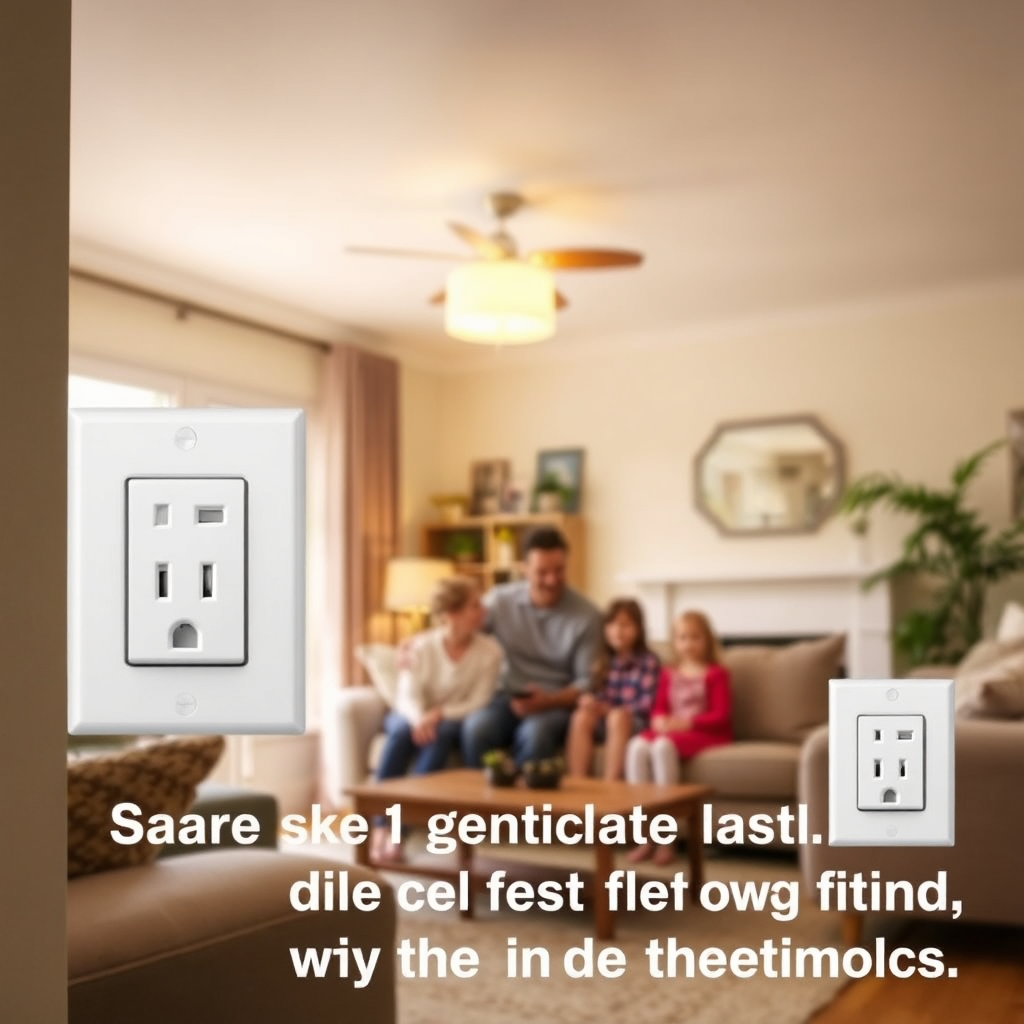 Create a warm, inviting image showcasing a family in a well-lit living room. Focus on the safe and properly installed electrical outlets and lighting fixtures. The room should be bright and comfortable, with soft lighting and a happy family interacting. Style: Realistic, inviting, and family-oriented, emphasizing the peace of mind that comes with a safe home environment.