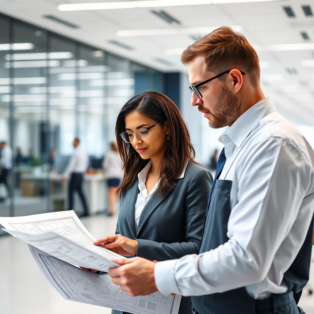 Create an image of a modern office building with an electrical inspector reviewing wiring diagrams. The background shows a busy office environment. Style: Professional, corporate, and safety-focused, emphasizing the commercial aspect of the service.