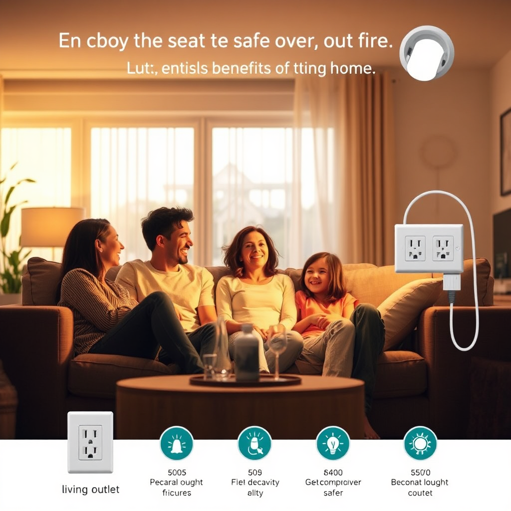 Create an image showcasing a happy family relaxing in their living room, bathed in warm, inviting light. The electrical outlets and lighting fixtures are modern and safe. Style: Peaceful, comforting, and family-oriented, emphasizing the emotional benefits of a safe home environment.