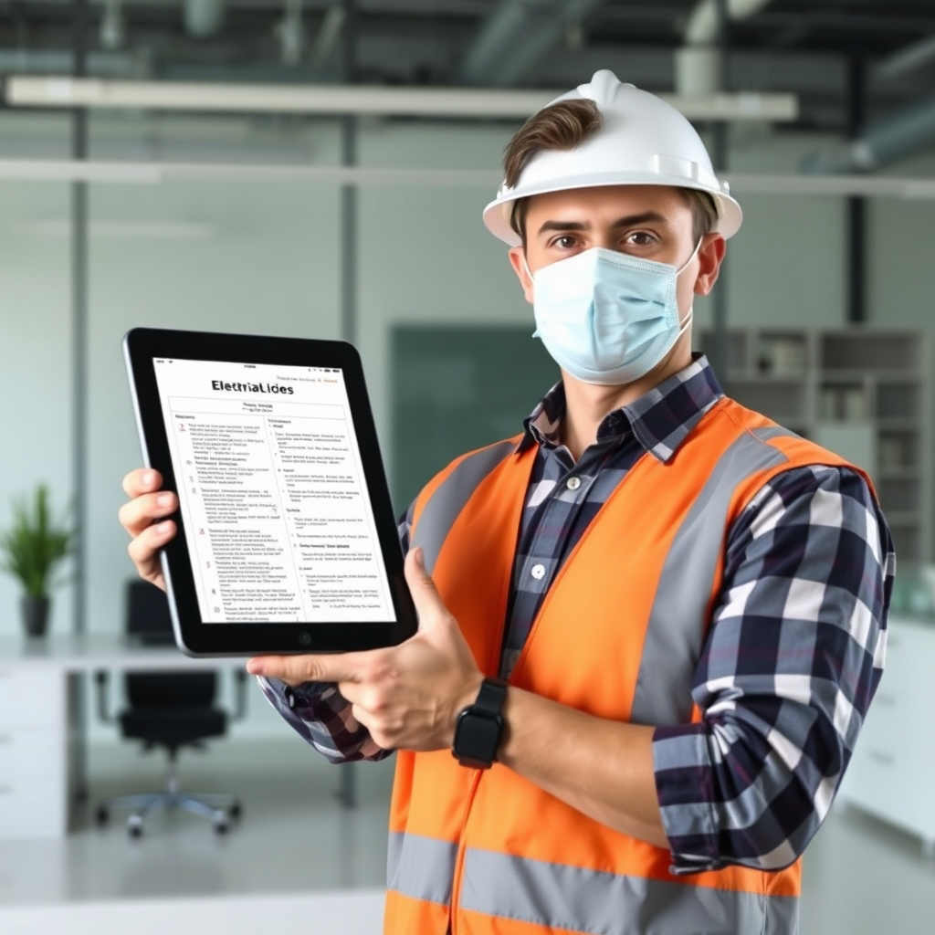 Create an image showing a professional electrical inspector holding a tablet displaying electrical code regulations. The background should be a clean, modern office environment. The inspector is focused and confident, ensuring compliance with regulations. Style: Professional, authoritative, and trustworthy, emphasizing the importance of code compliance.