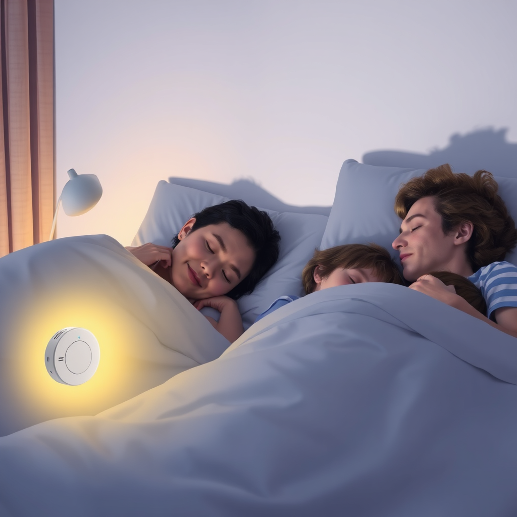 Depict a family (parents and two children) sleeping peacefully in their beds. A subtle glow emanates from a nearby smoke and CO alarm, symbolizing the protection it provides. The lighting should be soft and warm, creating a sense of security and tranquility.