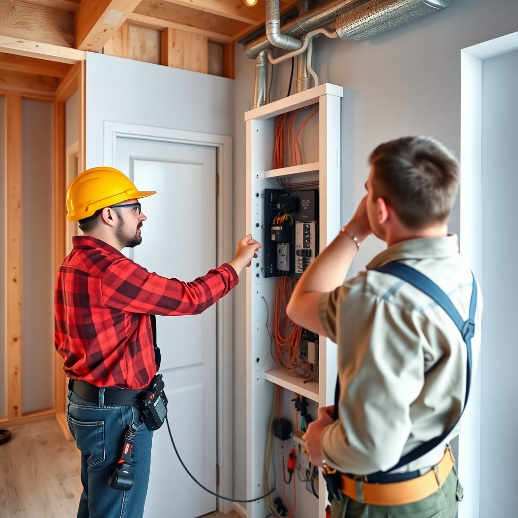 Electricians installing a new electrical panel in a modern home under construction. The environment should be clean and organized, showcasing a professional workspace. Focus on precision and expertise. 8k resolution.