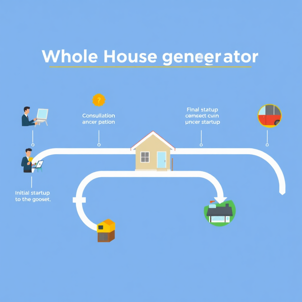 Generate a graphic illustration showing the seamless process of a whole-house generator installation. Depict various stages of the process, from initial consultation to final startup, connected by a flowing, streamlined path. Use bright, inviting colors and a clean, modern design. The overall image should convey efficiency and ease.