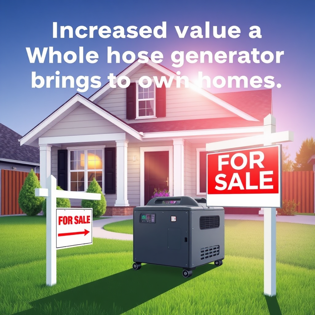 Generate a modern, stylized image representing the increased value a whole-house generator brings to a home. Showcase a house with a shining generator alongside a 'For Sale' sign. Render with sharp lines.