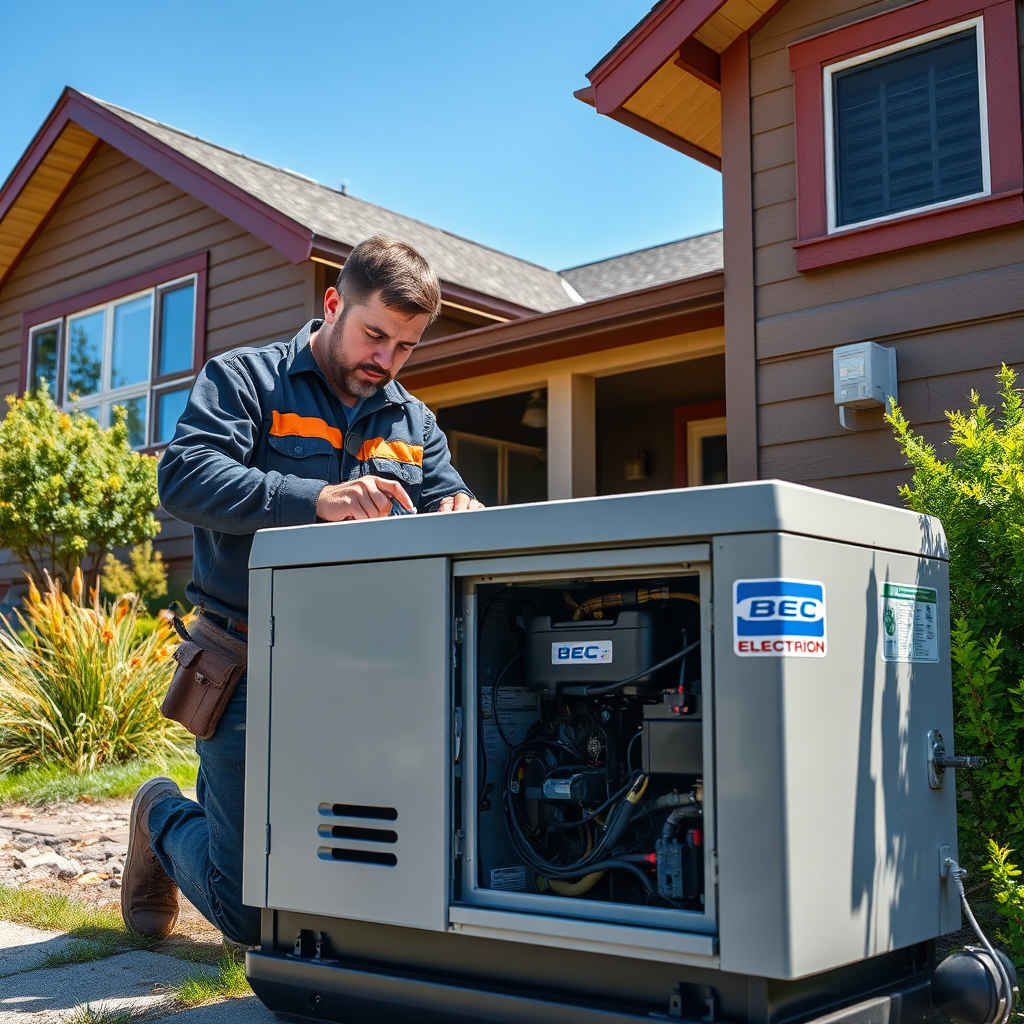 Generate a photorealistic image depicting a BEC Electric technician working diligently on a whole-house generator installation beside a typical North Idaho home. The technician is wearing professional attire and using high-quality tools. The generator is partially visible, showcasing its components and connections. The backdrop is a sunny North Idaho day with clear skies. Focus on the precision and expertise of the technician, highlighting BEC's commitment to quality workmanship. Use a medium shot to capture both the technician and the generator in detail. Render in 8K resolution with hyperrealistic textures and accurate lighting.