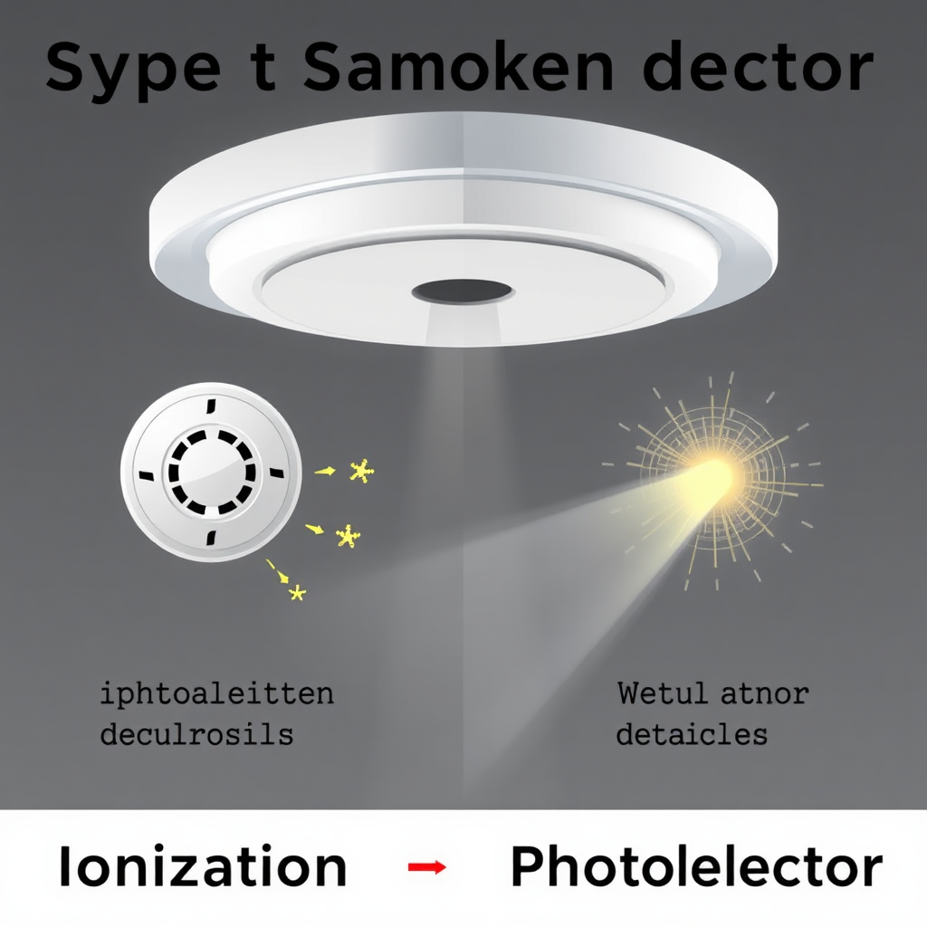Generate a split-screen image comparing two types of smoke detectors: ionization and photoelectric. On one side, visually demonstrate how an ionization detector works (using radioactive material to detect small particles). On the other side, illustrate the photoelectric detector's function (using light scattering to detect larger smoke particles). The image should be educational and clear.