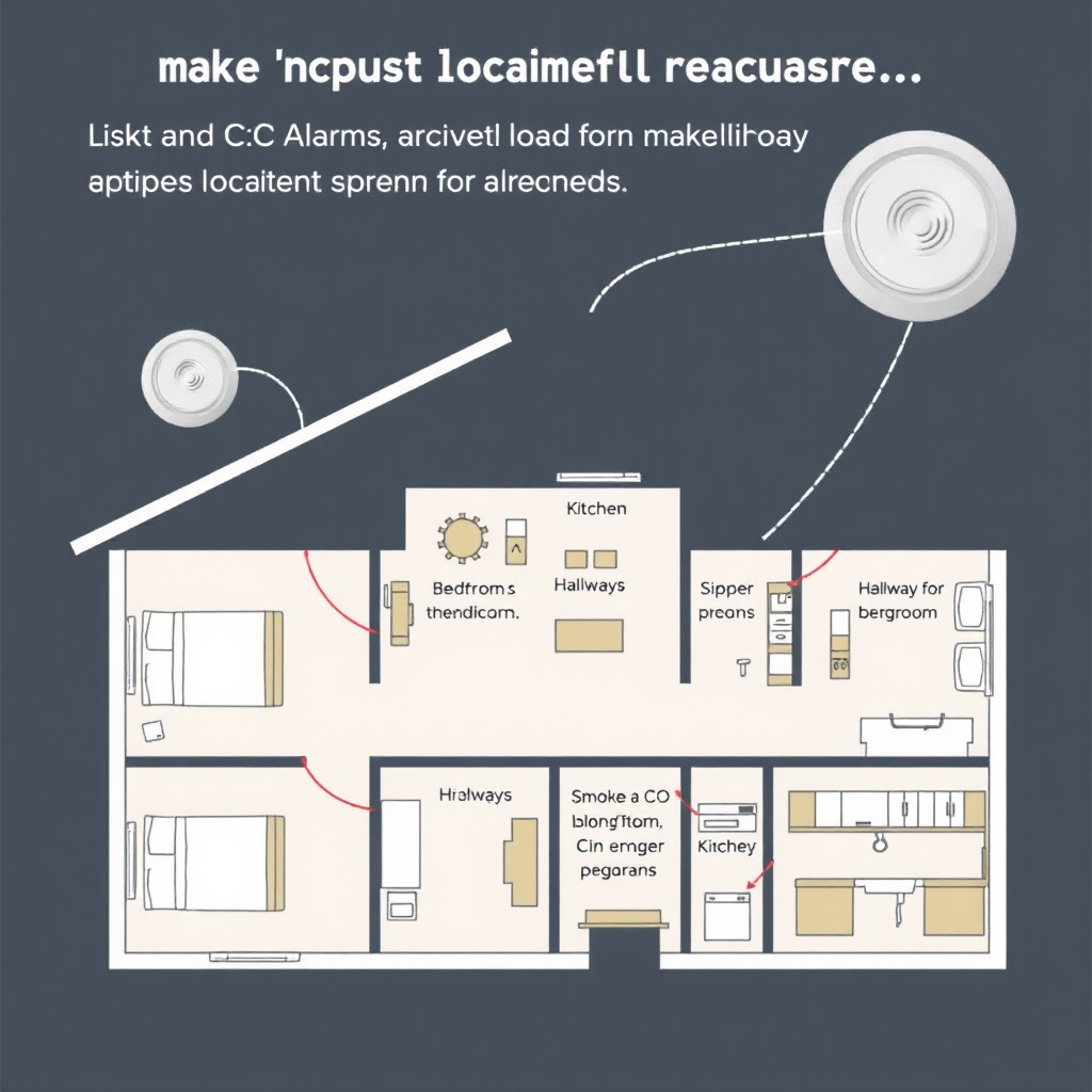 Illustrate a floor plan of a house, highlighting the strategic placement of smoke and CO alarms in different rooms (bedrooms, hallways, kitchen). Use clear and simple visual cues to indicate the optimal locations. The image should be informative and easy to understand.