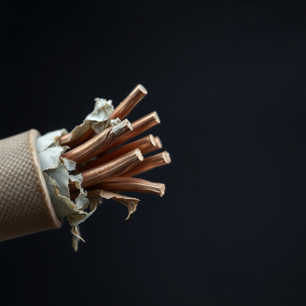 Photorealistic close-up of a severely frayed electrical cord. The copper wires are exposed, and the insulation is cracked and peeling. The background is dark and blurred to emphasize the damage. Lighting is focused on the damaged area, highlighting the texture and detail of the frayed wires. Color palette is muted, with browns, grays, and coppers dominating. Style reference: Macro photography focused on safety hazards. Technical specs: 8K resolution, hyperrealistic, emphasizing the texture of the damaged cord.