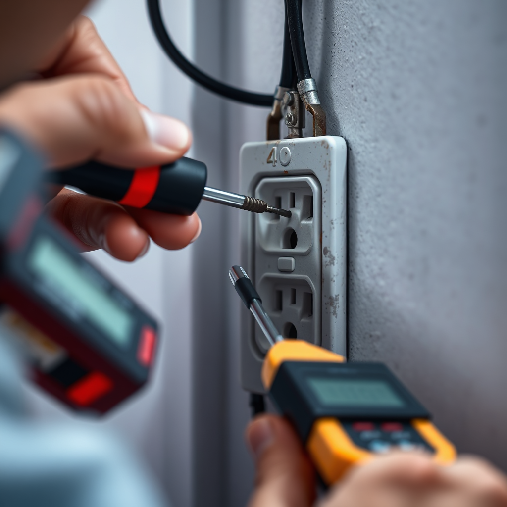 Photorealistic image of a close-up shot of an electrician carefully inspecting an electrical outlet with a screwdriver and voltage tester. The outlet is slightly worn, showing signs of potential wear and tear. Focus is on the detail of the tools and the outlet itself, emphasizing precision and safety. The lighting is bright and focused, highlighting the intricacies of the electrical connections. The background is blurred to keep the attention on the outlet and the electrician's work. The color palette is primarily neutral with hints of metallic tones. Style reference: Professional, technical photography. Technical specs: 8K resolution, hyperrealistic.