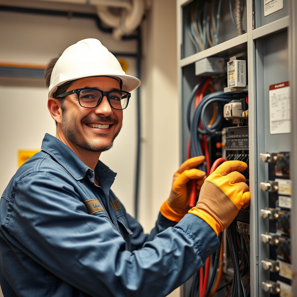 Photorealistic image of a friendly and professional electrician working on an electrical panel. The electrician is wearing safety glasses and gloves and is using a variety of tools. The scene is well-lit and organized. The color palette is primarily neutral, with blues and grays from the electrician's uniform and metallic tones from the tools and panel. The camera angle is a medium shot, capturing the electrician's work and their professional demeanor. Style reference: Stock photography of skilled tradespeople. Technical specs: 8K resolution, hyperrealistic, emphasizing the electrician's professionalism and expertise.
