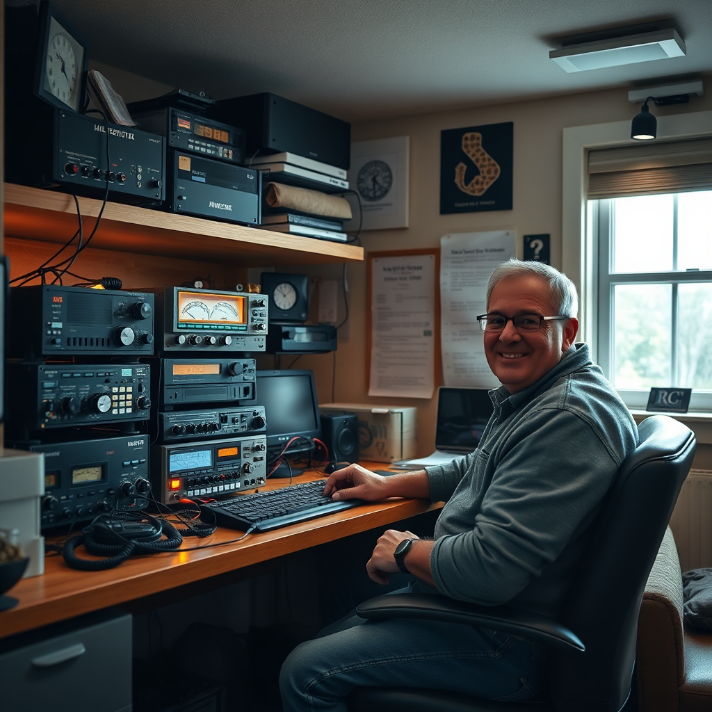 Photorealistic image of a fully operational ham radio station inside a clean and organized shack. Show the transceiver, amplifier, tuner, and other components all connected and working seamlessly. Highlight the user-friendliness of the setup. The operator should be seated at the station, smiling and engaged in a QSO. Lighting should be warm and inviting. Style: Comfortable, homey, and inviting.