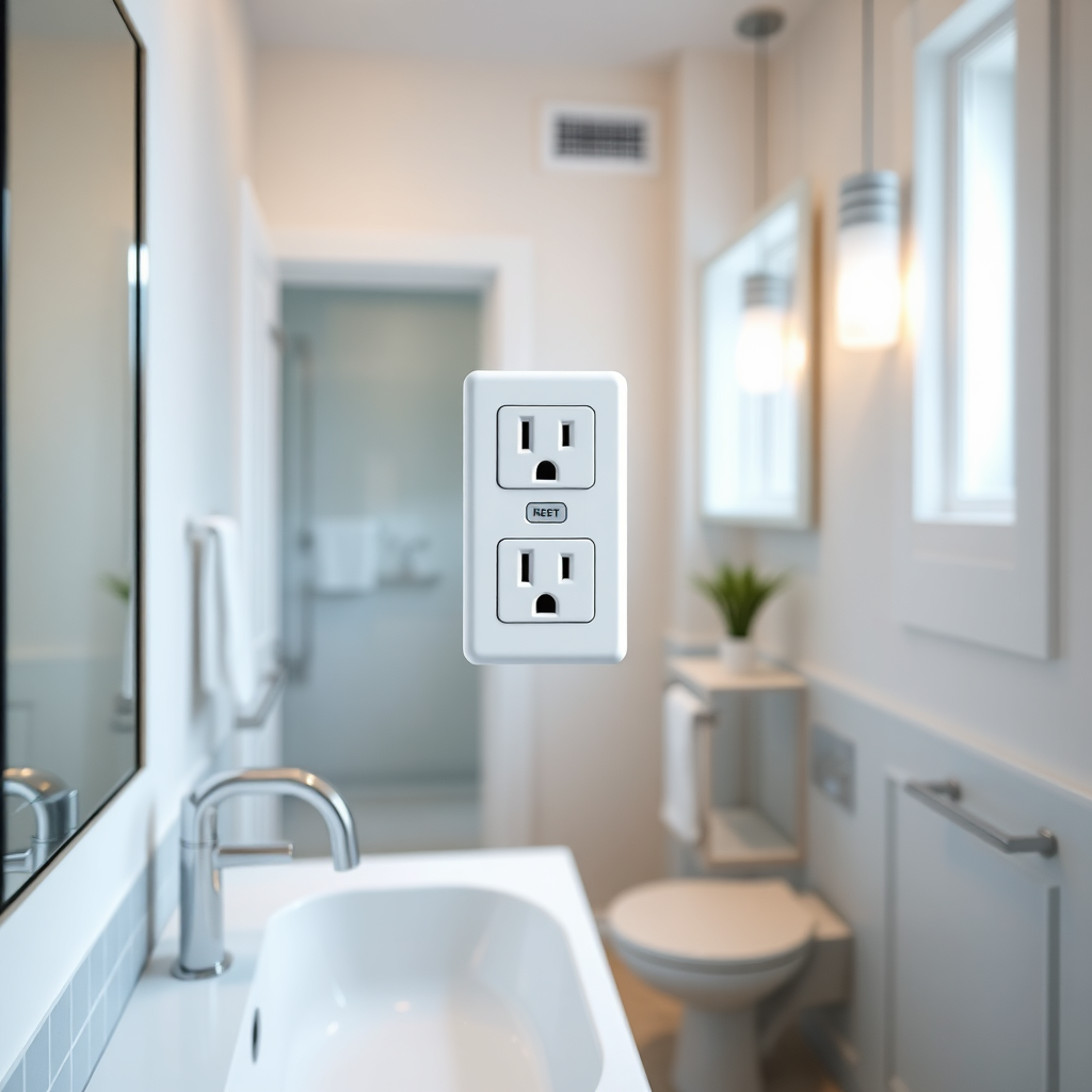 Photorealistic image of a GFCI outlet in a modern bathroom. The outlet is installed above a sink, and the test and reset buttons are clearly visible. The bathroom is clean and well-lit. The color palette is bright and inviting, with whites, blues, and grays dominating. The camera angle is a close-up, slightly elevated perspective. Style reference: Modern interior design photography. Technical specs: 8K resolution, hyperrealistic, emphasizing the detail of the GFCI outlet and the bathroom environment.