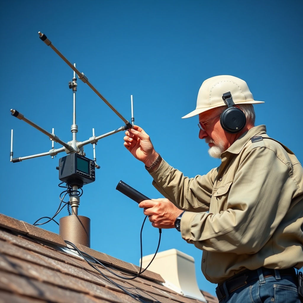 Photorealistic image of a ham radio technician installing a Yagi antenna on a rooftop. Show the technician carefully adjusting the antenna elements while using a spectrum analyzer. Highlight the precision and expertise involved in antenna tuning. The background should feature a clear blue sky. Use a telephoto lens to capture the action from a distance. Lighting should be bright and sunny. Style: Professional, action-oriented photography.