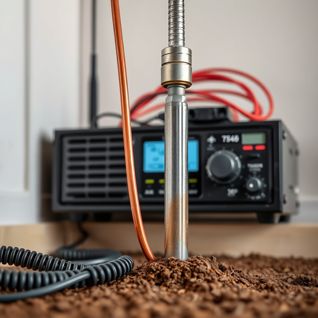Photorealistic image of a professionally installed ham radio grounding system. Show the grounding rod, copper wiring, and connection to the radio equipment. Focus on the quality of the components and the precision of the installation. Emphasize safety and reliability. Use a slightly low angle to convey a sense of groundedness and stability. Lighting should be clean and well-lit, showcasing the details of the installation. Style: Clean, technical product photography.