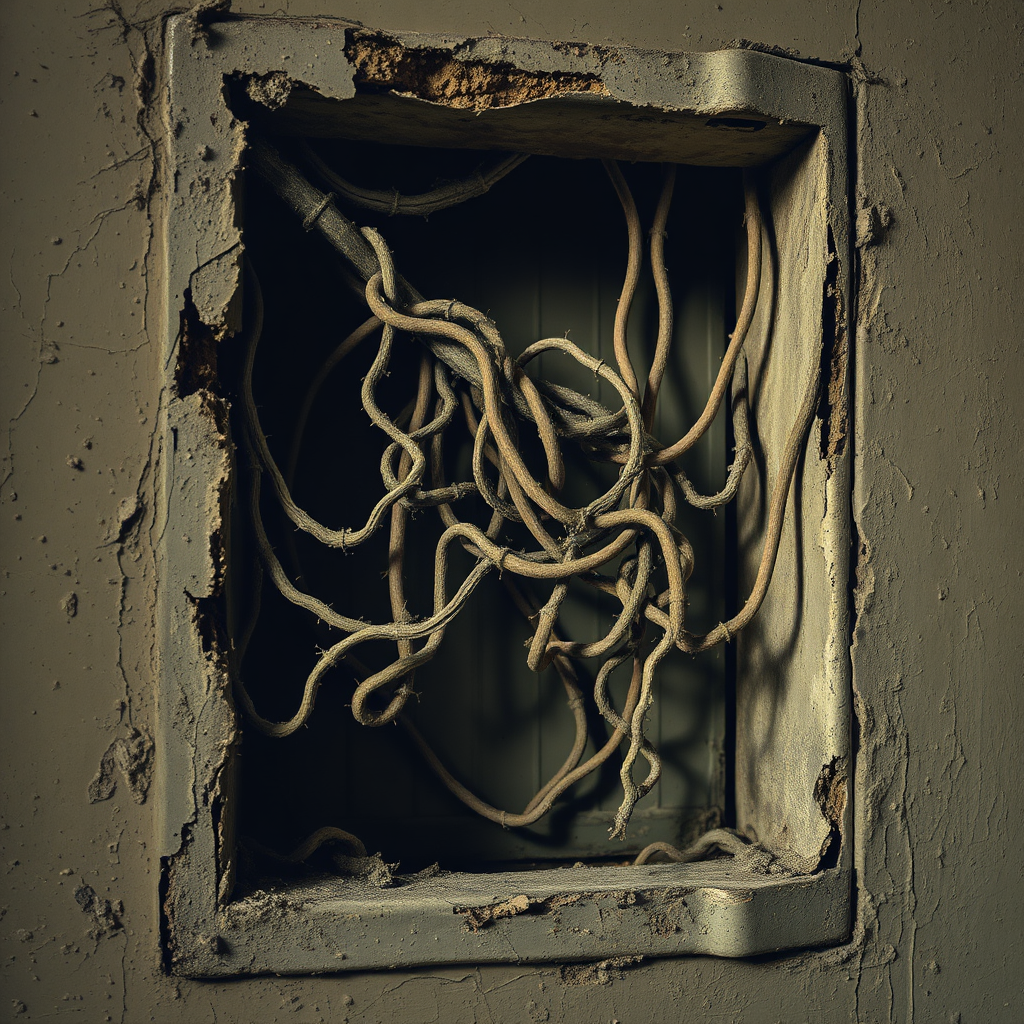 Stylized image depicting old, brittle wiring inside a wall. The wires are cracked and covered in dust, with visible signs of wear and tear. The wall is partially open, revealing the internal structure. Lighting is dim and dusty, creating a sense of age and neglect. The color palette is muted, with browns, yellows, and grays dominating. Style reference: Vintage technical illustration with a modern twist. Technical specs: 8K resolution, emphasizing texture and detail.