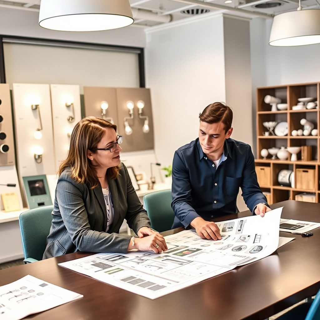 Two people sitting at a table reviewing lighting design plans in a well-lit office. The atmosphere should be collaborative and informative, with samples of lighting fixtures and materials visible in the background.