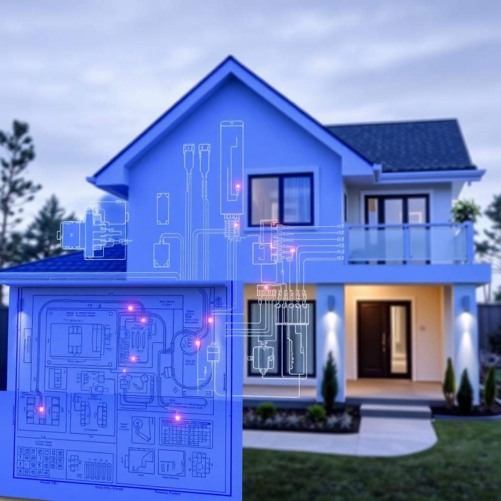 Visualize a detailed blueprint overlayed on top of a modern house. Highlight specific electrical components within the blueprint using bright, contrasting colors. The blueprint should showcase intricate wiring diagrams, circuit layouts, and safety features. Style: Technical, informative, and visually appealing, conveying the thoroughness of the electrical inspection process.