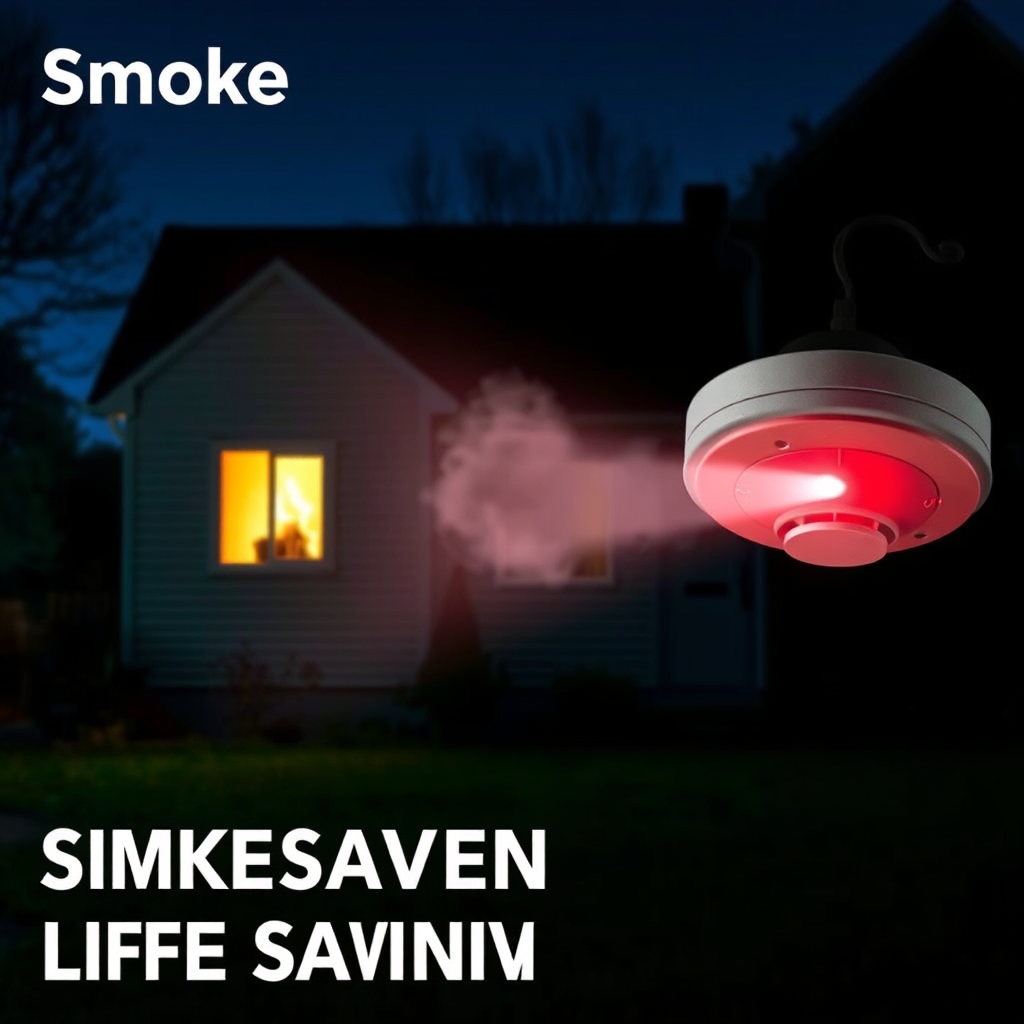 Visualize a house at night with a faint orange glow emanating from a window, representing a small fire starting. A smoke detector is prominently displayed, emitting a bright red light and a loud alarm sound. The image should convey a sense of urgency and the life-saving potential of early detection.