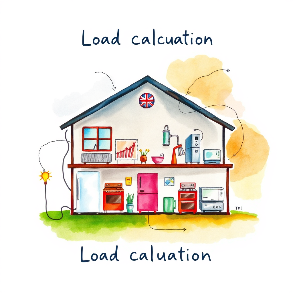 A conceptual image illustrating the process of load calculation. Show a stylized representation of a house with various appliances and electrical devices, each contributing to the overall power demand. Use visual cues to indicate the flow of electricity and the calculation of total load. The image should be informative and easy to understand.