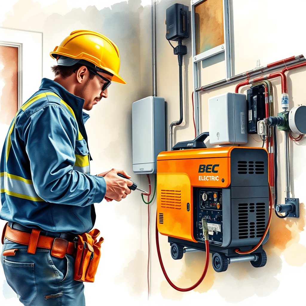A photorealistic image showcasing the meticulous installation of a whole-house generator by a BEC Electric technician. The focus is on the precision of the work, the quality of the equipment, and the seamless integration with the home's existing infrastructure. The technician is wearing safety gear and using specialized tools. The backdrop is a clean and organized work environment. Render in high resolution with sharp details.