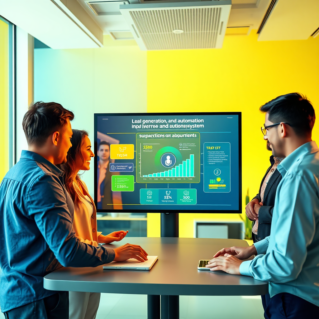 A 4K, high-quality image representing the collaborative spirit and technological expertise of Wanzia biz. The scene depicts a diverse team of professionals working together in a bright, modern office space. They are gathered around a large interactive display showcasing a dynamic visual representation of a lead generation and automation system in action. The colors are vibrant and optimistic, with a focus on blues, greens, and yellows to evoke trust, growth, and innovation. The lighting is natural and warm, creating a welcoming and collaborative atmosphere. The camera angle is slightly wide to capture the entire team and the display. Add subtle texture details to the office environment and the clothing of the team members to enhance realism. The style should be clean and professional, reflecting the company's commitment to excellence and client satisfaction. The image should convey a sense of collaboration, innovation, and results-driven solutions.