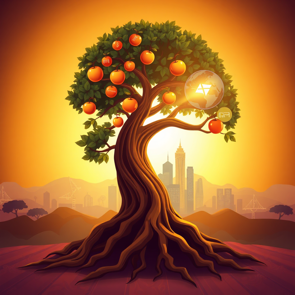 A 4K resolution image, stylized illustration. Depicting a strong African tree with deep roots representing traditional knowledge, its branches reaching upwards towards a futuristic cityscape symbolizing global opportunities and technological advancement. Fruits on the tree represent successful Wanzia Academy graduates, each fruit glowing with a unique digital icon (e.g., code, automation symbol, data analysis icon). The scene is bathed in warm, golden light, creating a sense of growth, prosperity, and connection. The background fades into a vibrant, abstract representation of the African continent. Style reference: A blend of realistic and illustrative elements, inspired by Afrofuturism and African textile patterns. The overall image should convey a sense of hope, progress, and the transformative power of education.