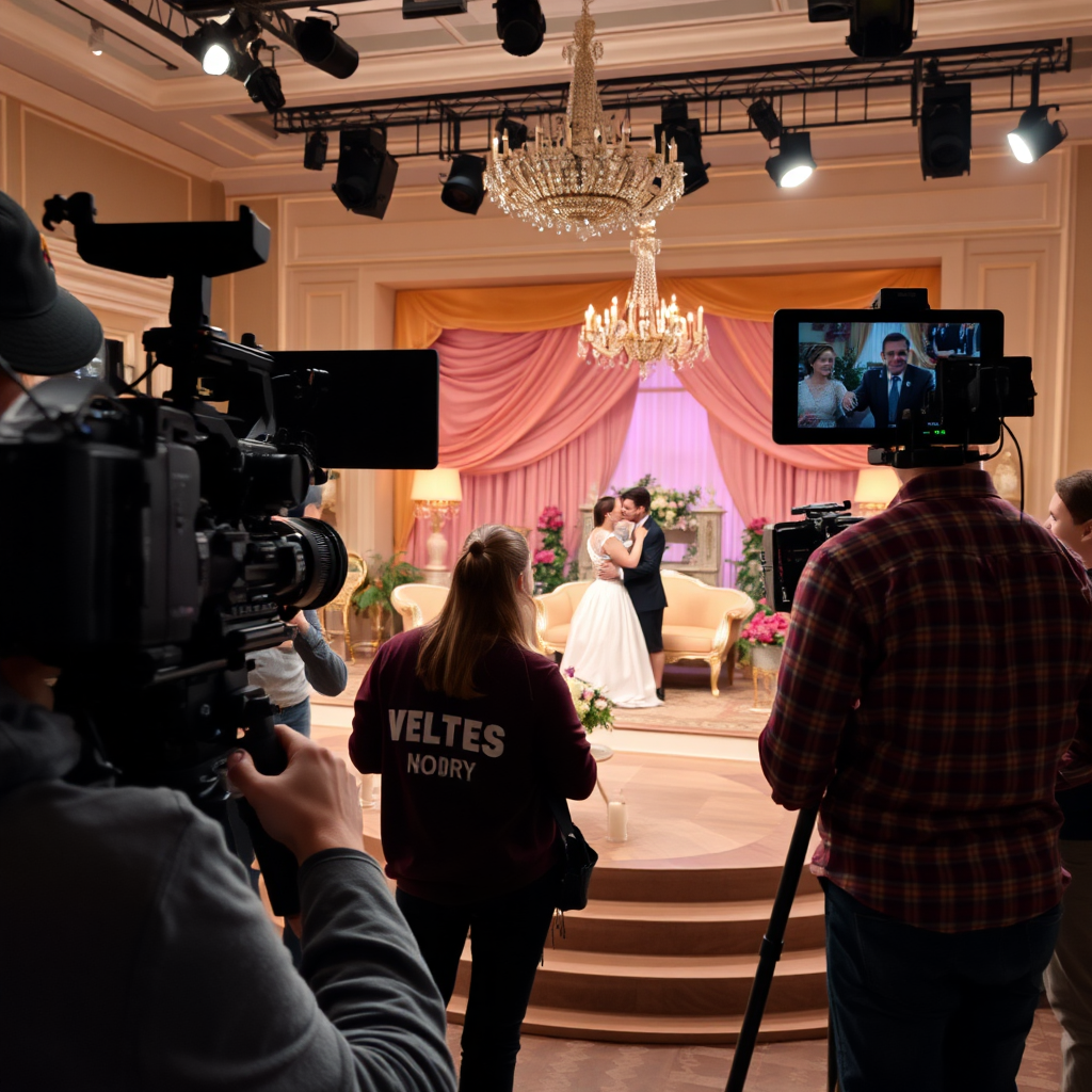 A behind-the-scenes shot of a TV set. Focus is on the camera crew filming a romantic scene between two actors on a beautifully decorated set. The atmosphere is bustling with activity, but with a romantic, cinematic feel.