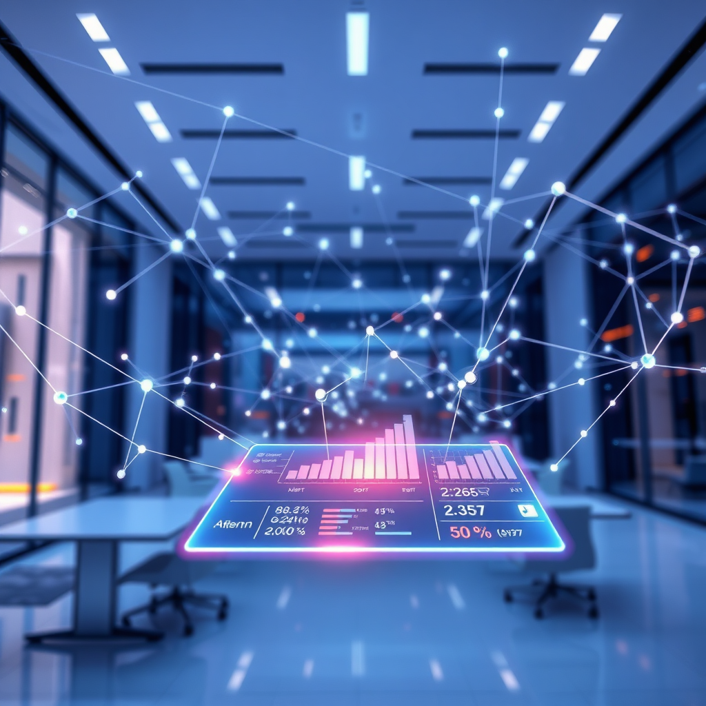 A breathtaking, photorealistic 8K image showcasing the power of automation. The scene features a stylized, interconnected network of glowing nodes representing data flow, superimposed over a modern, minimalist office environment. Faint lines of light connect these nodes, symbolizing automated processes. In the foreground, a sleek holographic display shows real-time analytics and lead generation metrics. The overall color palette is cool and futuristic, dominated by blues, purples, and silvers, with subtle hints of warm orange to represent growth and energy. The lighting is soft and diffused, creating a sense of technological sophistication. The camera angle is slightly low, looking up to emphasize the scale and impact of the automation system. Add texture details to the nodes and the holographic display to make them seem real. Use a shallow depth of field to blur the background slightly and draw focus to the central elements. The style should evoke a sense of innovation and efficiency, similar to the visual style of modern tech companies. Hyperrealistic details are crucial for an immersive effect.