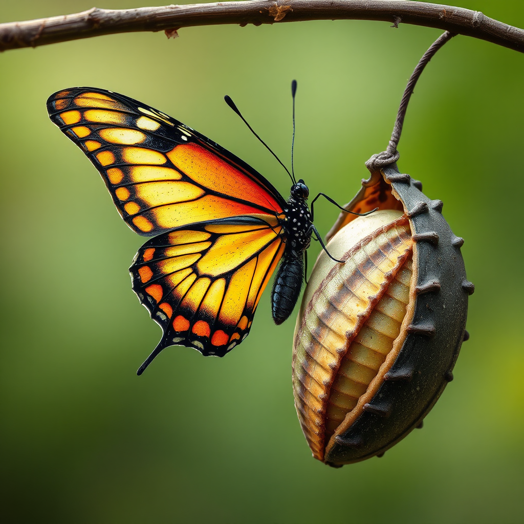 A butterfly emerging from a cocoon, symbolizing transformation. The butterfly's wings are vibrant and colorful, with intricate patterns. The cocoon is textured and detailed, showing the process of change. The overall image should evoke a sense of hope, renewal, and the potential for growth.