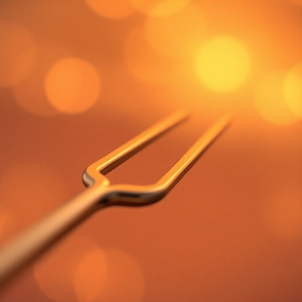  A close-up, photorealistic image of a tuning fork gently vibrating, with ripples of golden energy emanating from it. The background is a soft, blurred gradient of warm colors, symbolizing the expansion of resonance. Focus on the details of the tuning fork's surface, capturing its metallic sheen and the subtle vibrations. The lighting should be soft and diffused, highlighting the delicate energy waves. 4K resolution.