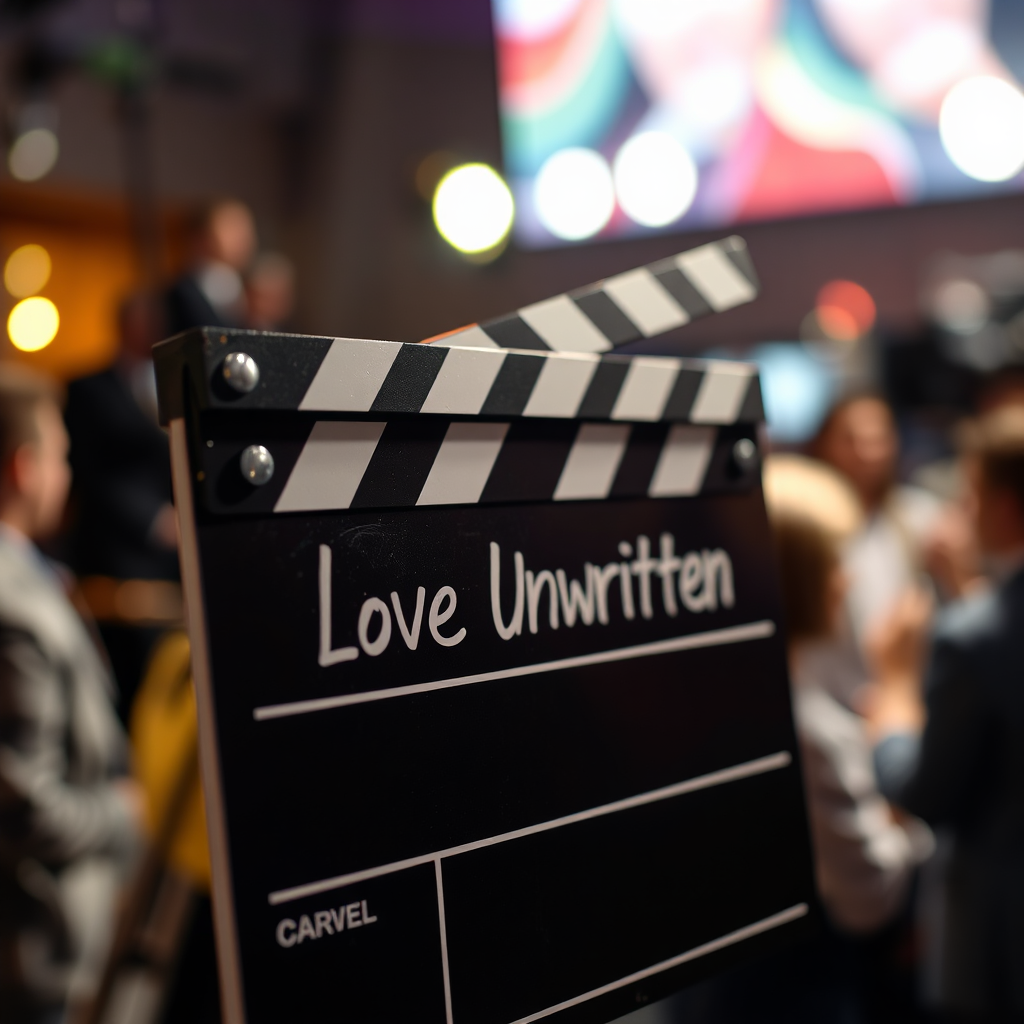 A close-up shot of a clapperboard on a TV set, with the title 'Love Unwritten' clearly visible. The background is blurred, suggesting a busy filming environment. Dynamic, cinematic lighting adds to the excitement.