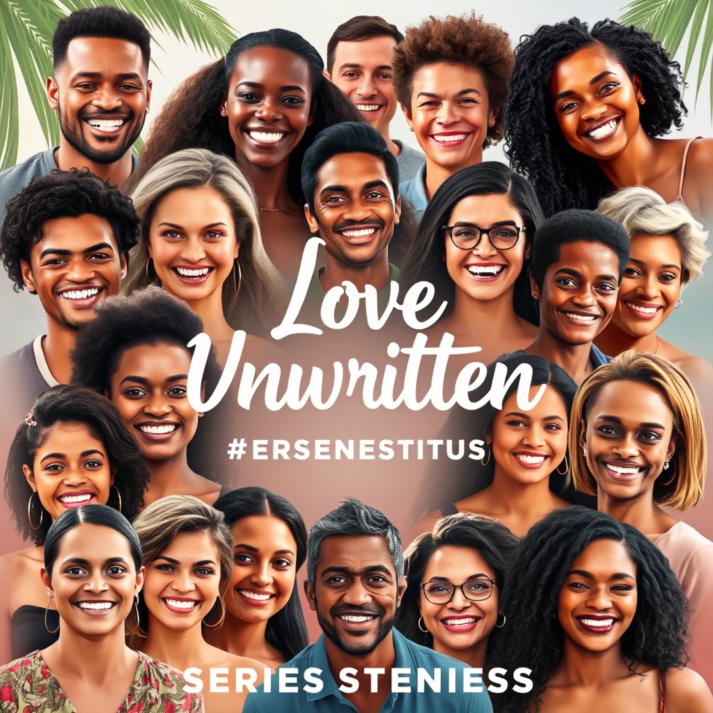 A collage of diverse faces, all smiling and engaged, representing the vibrant 'Love Unwritten' community. The background is a subtle blend of tropical colors, hinting at the series' setting. A sense of unity and connection.