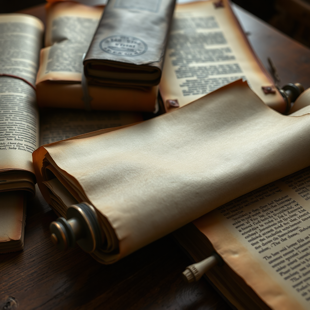 A detailed close-up shot of various antique books and scrolls with intriguing titles subtly visible, arranged artfully on a wooden table. Light source to suggest a study. Titles should imply emotional depth. The color palette emphasizes warm tones: browns, creams, and faded golds. Hyperrealistic detail required.